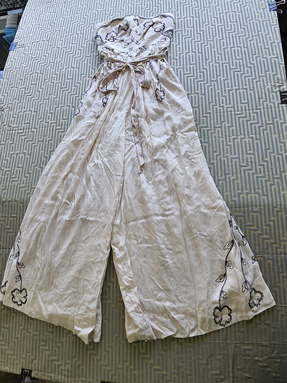 Free People ivory satin "Faintly Graphic" wide-leg strapless jumpsuit - Picture 3 of 7